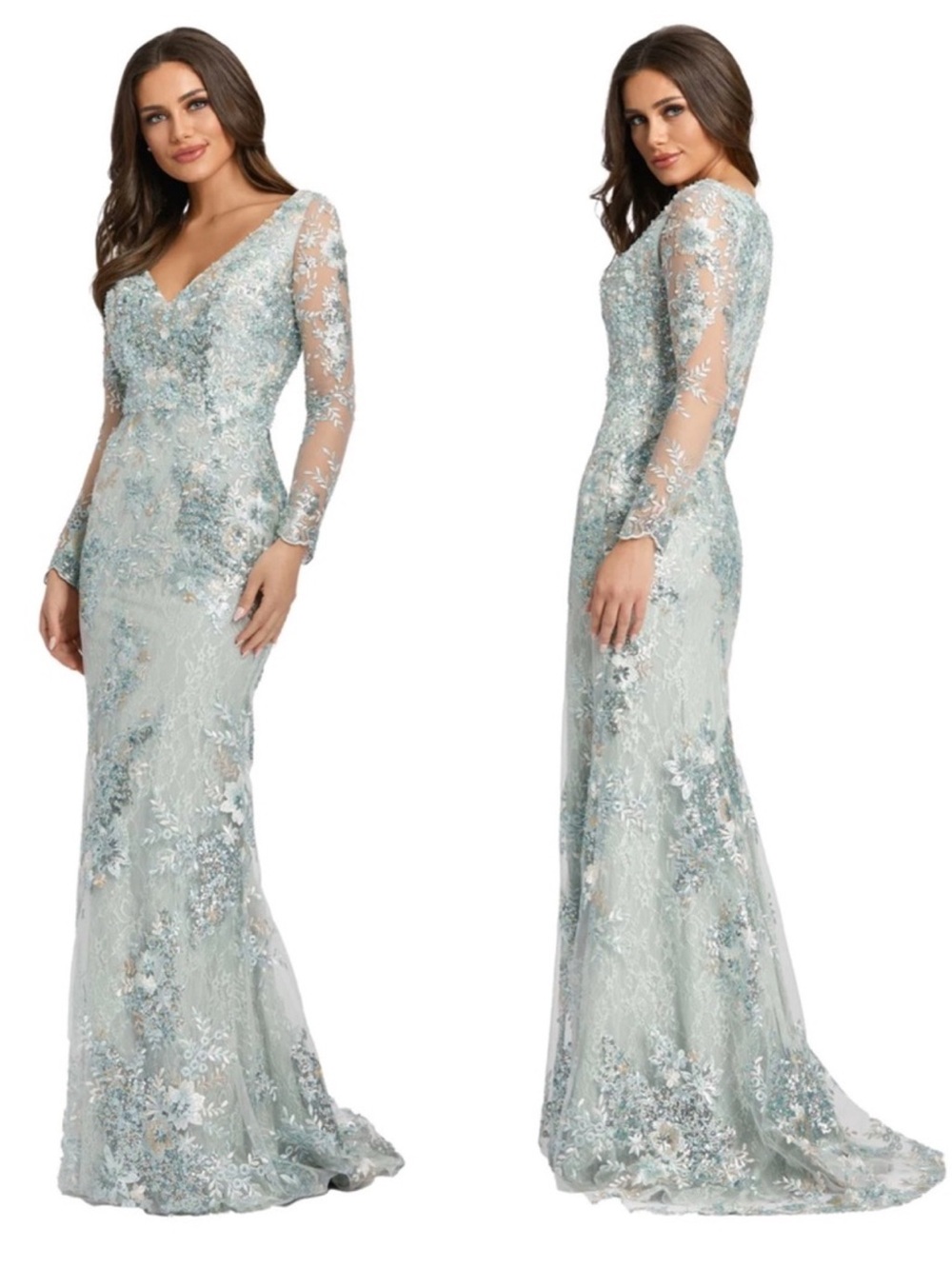 Mac Duggal Sea Mist Pale Embellished V-Neck Illusion Long Sleeve Gown NWTS